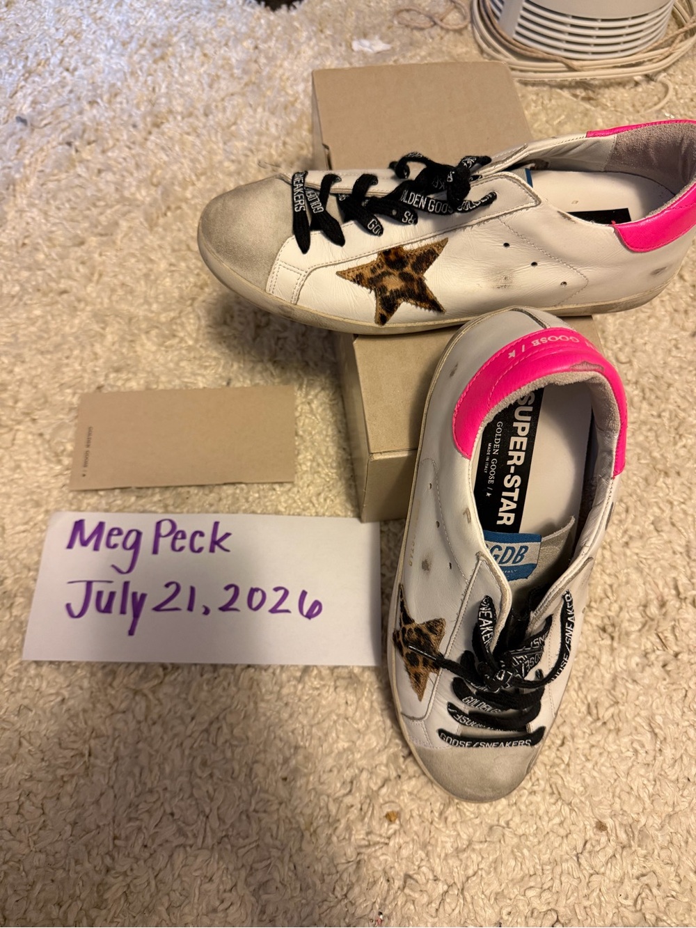 Golden Goose White Leather Sneakers with Pink Heel and Leopard Star